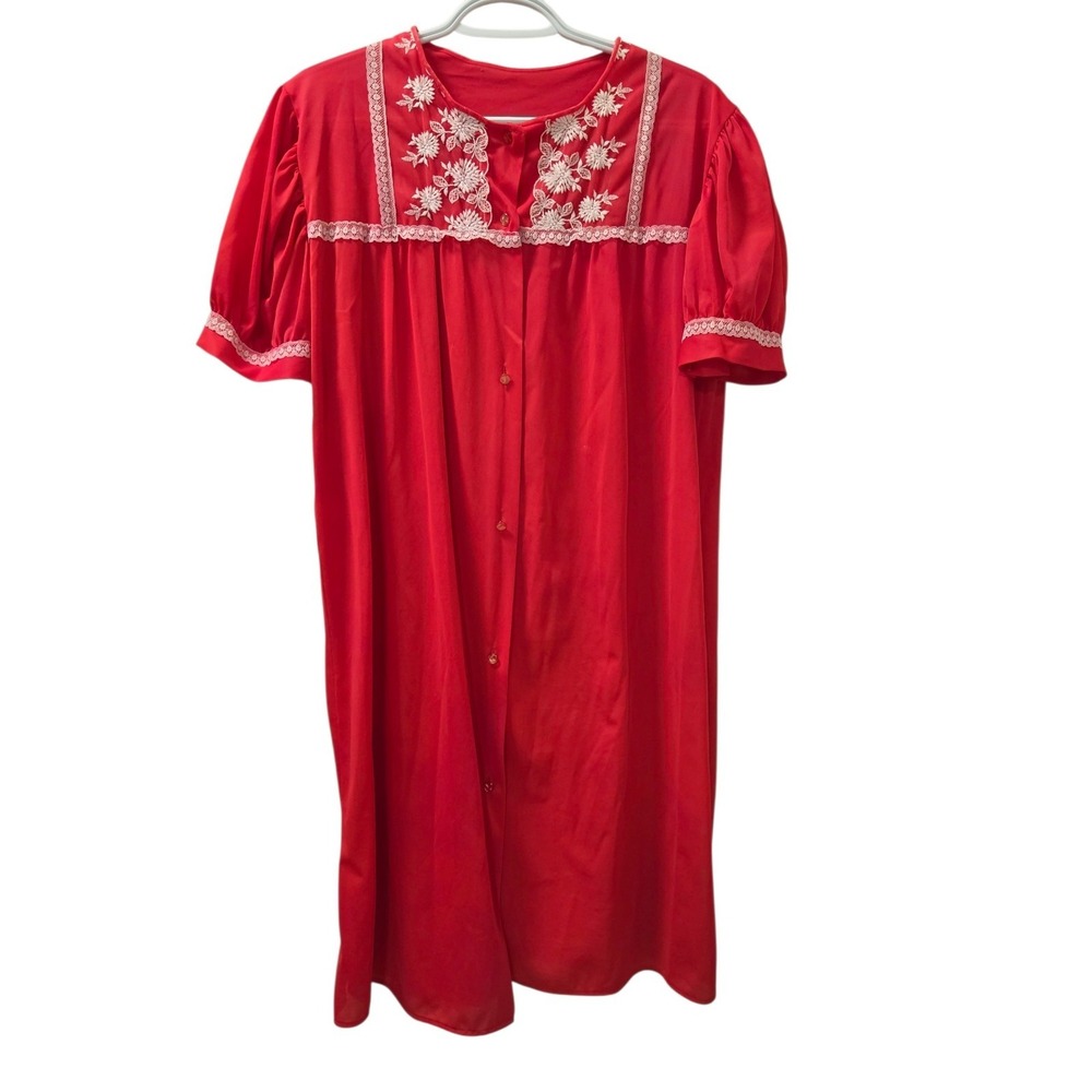 Vtg 70s Snowdon Red Nylon Embroidered Housecoat Duster Robe Puff Sleeve Lace L